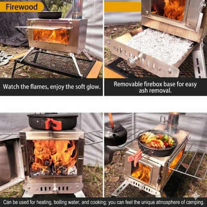 Wood burning stove for tents equipped with removable side racks for food warming and drying.