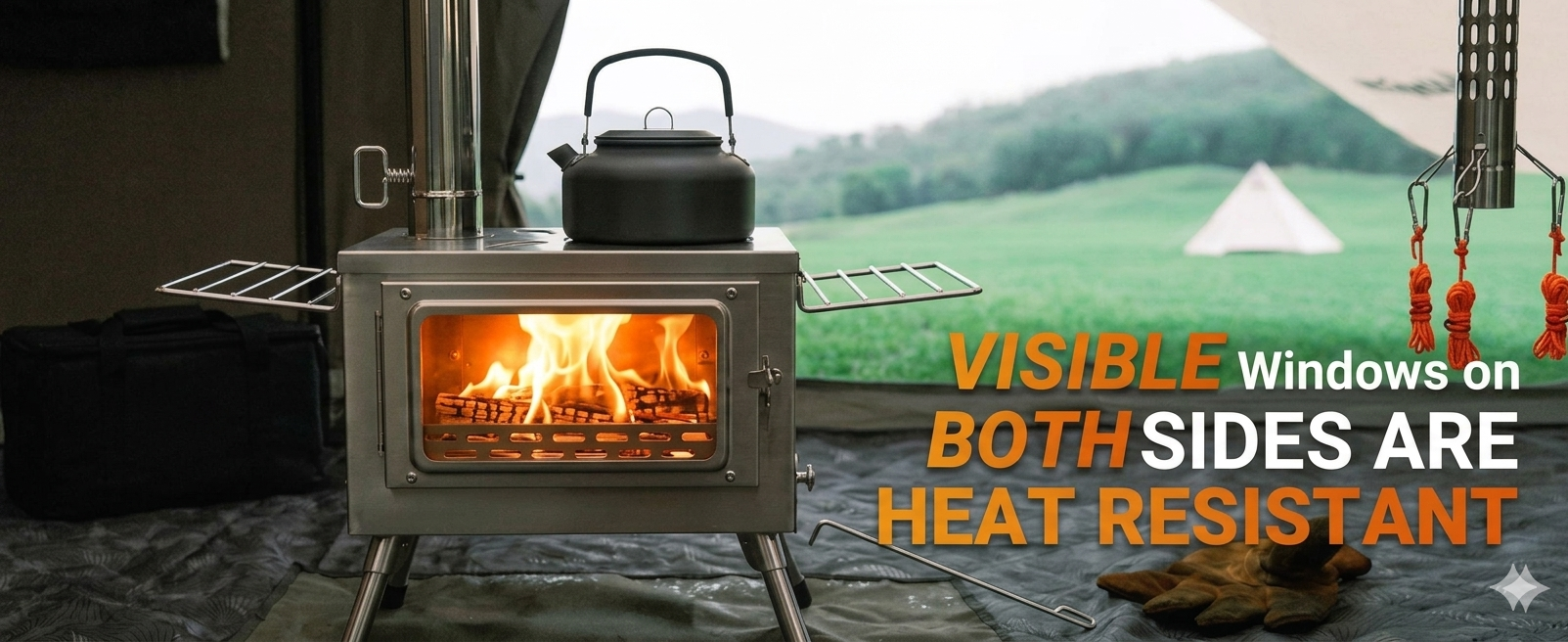 Portable wood stove inside a tent featuring heat-resistant glass viewing windows on both sides.