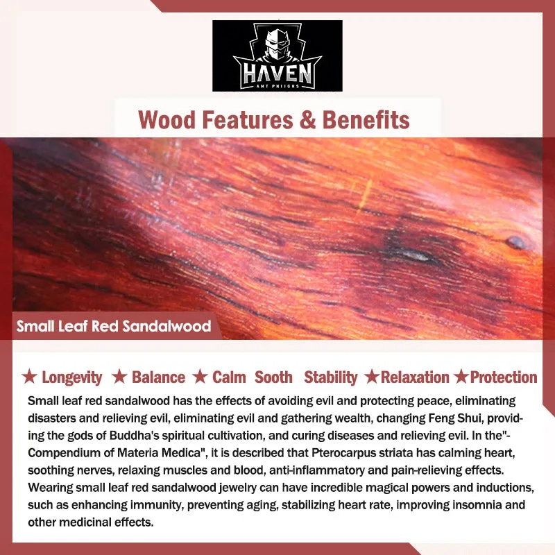 Close-up texture of Tibetan Small Leaf Red Sandalwood, highlighting the material's features for longevity, balance, calm, and protection.