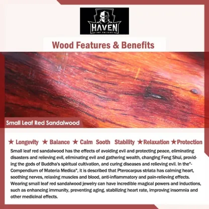 Close-up texture of Tibetan Small Leaf Red Sandalwood, highlighting the material's features for longevity, balance, calm, and protection.