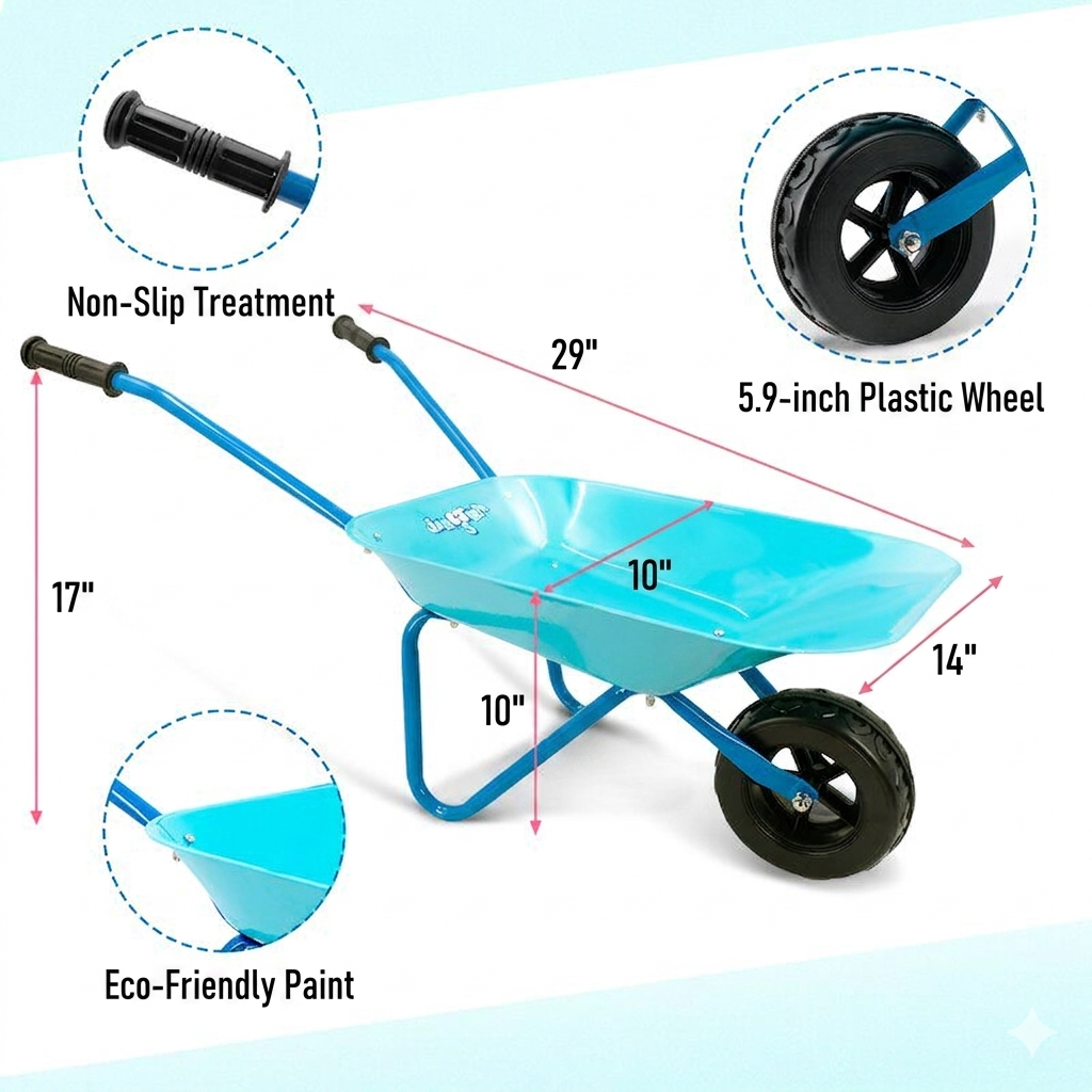 Size chart of the toddler wheelbarrow showing 29-inch length, 17-inch height, 14-inch width, and a 5.9-inch plastic wheel