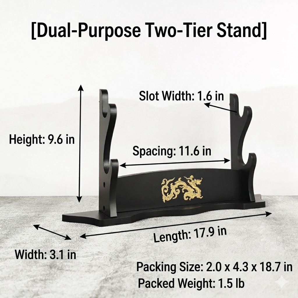 Dual-purpose two-tier sword stand with gold dragon emblem, displaying full product dimensions, slot width, and packing specifications for katana and samurai sword display.