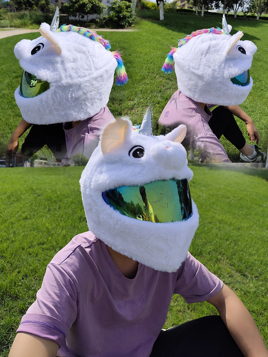 Side profile view of the Unicorn motorcycle helmet cover, highlighting the colorful rainbow mane and braid.