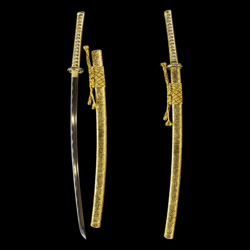 Two complete vertical views of the Gold Dragon Katana, showing the front and back of the scabbard.