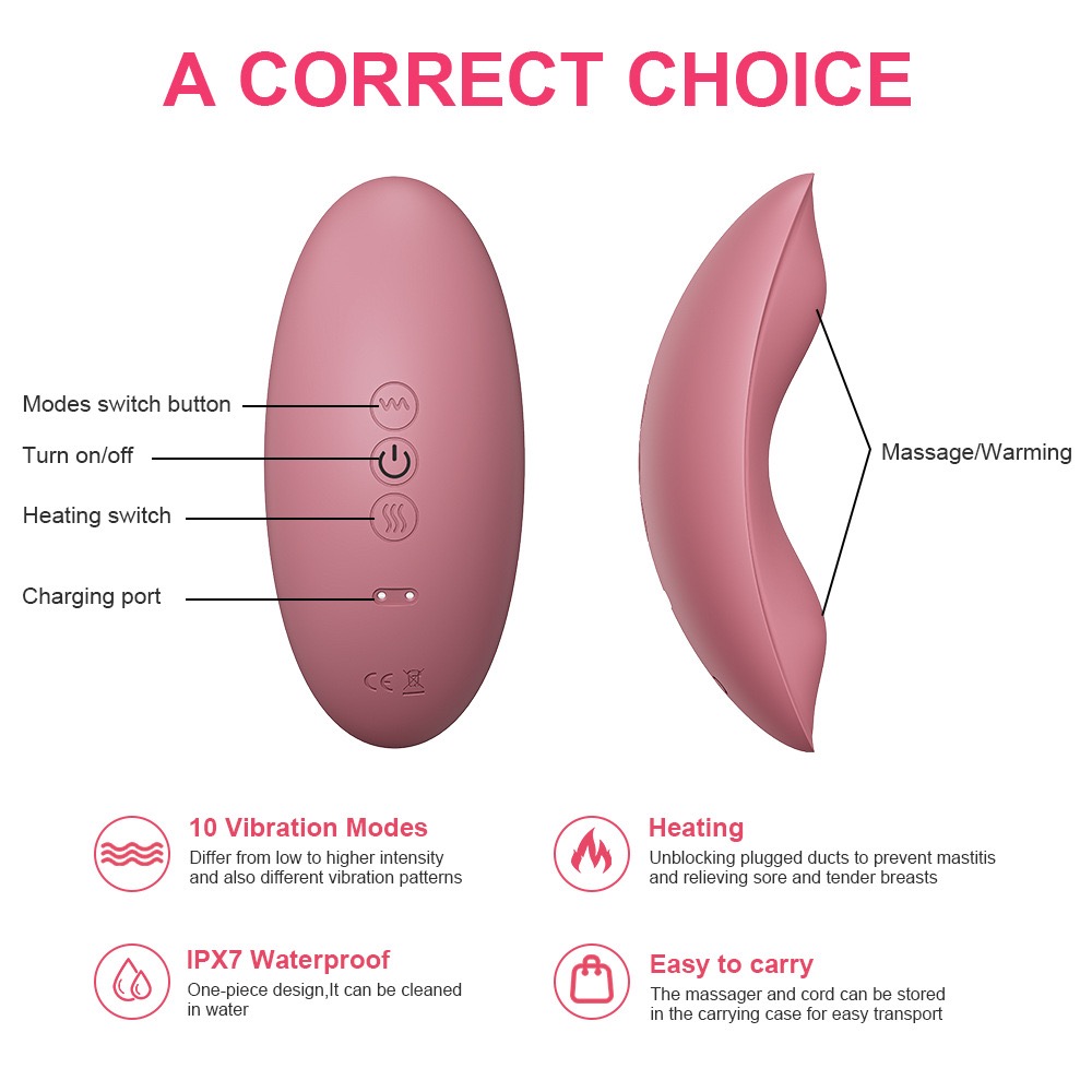 A diagram of a pink waterproof lactation massager showing the control buttons for 10 vibration modes, power, heating switch, and the magnetic charging port.