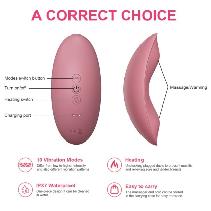 A diagram of a pink waterproof lactation massager showing the control buttons for 10 vibration modes, power, heating switch, and the magnetic charging port.