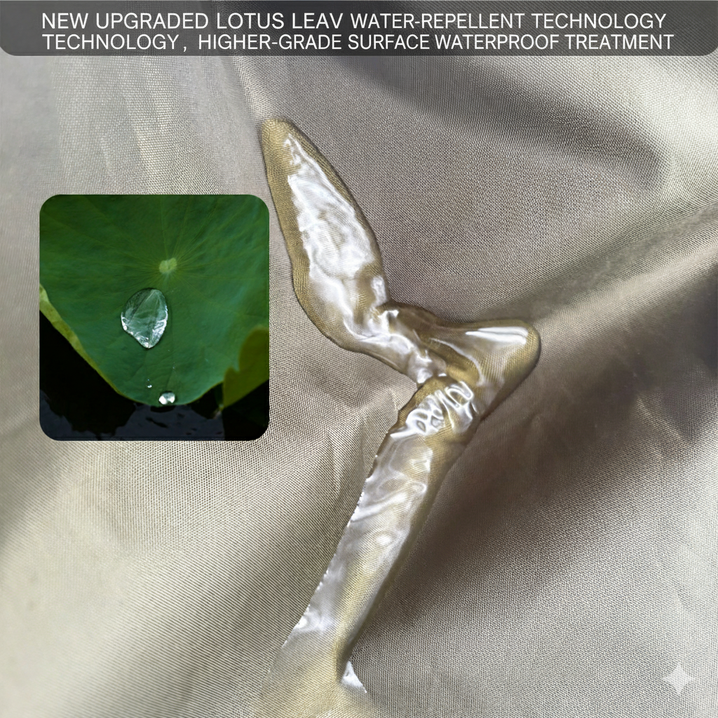 A close-up of a waterproof tarp showing a water droplet rolling off the surface, demonstrating the lotus-leaf effect technology.