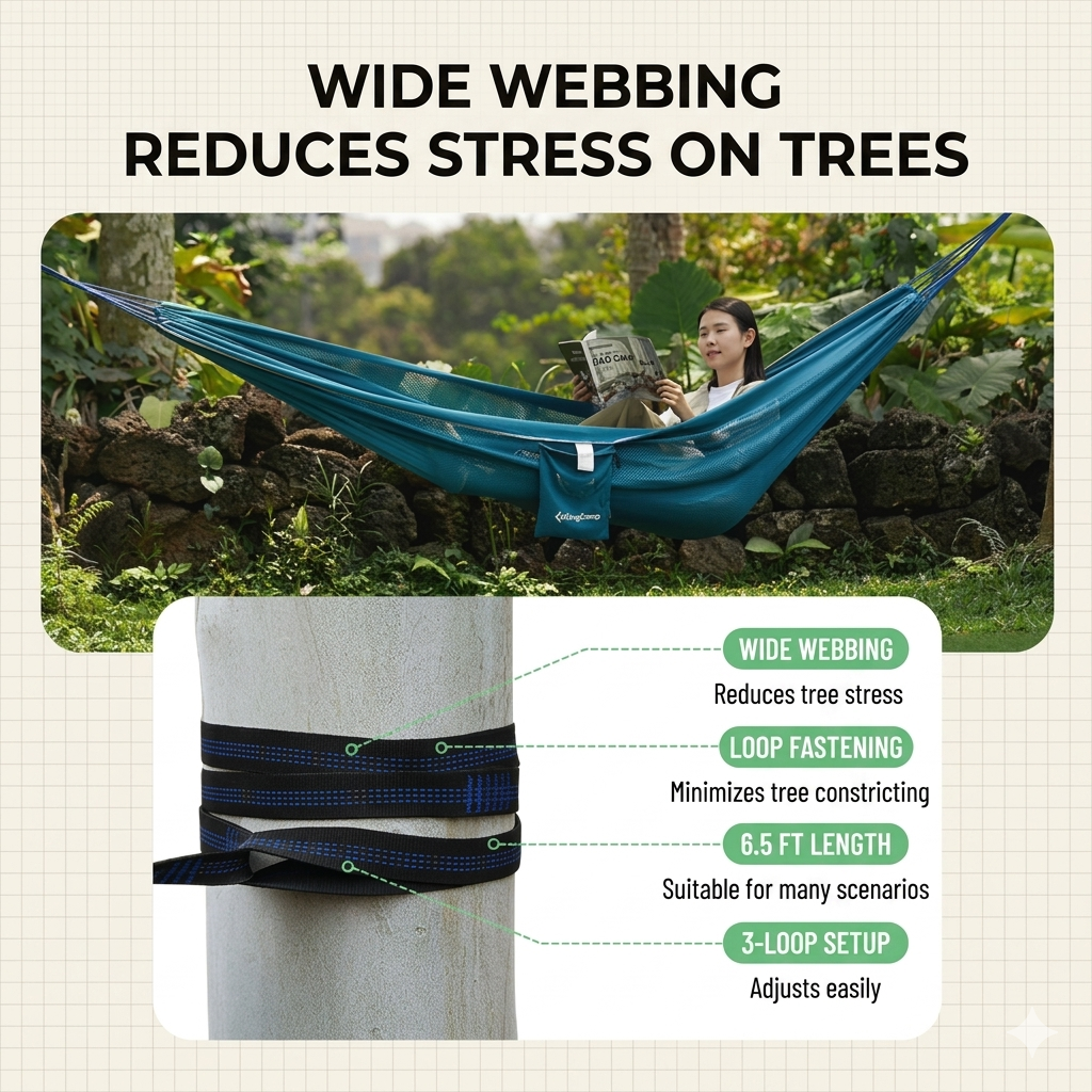 A detailed diagram showing how KingCamp's wide webbing straps and 3-loop setup on a tree trunk reduce stress and constricting damage to the bark.