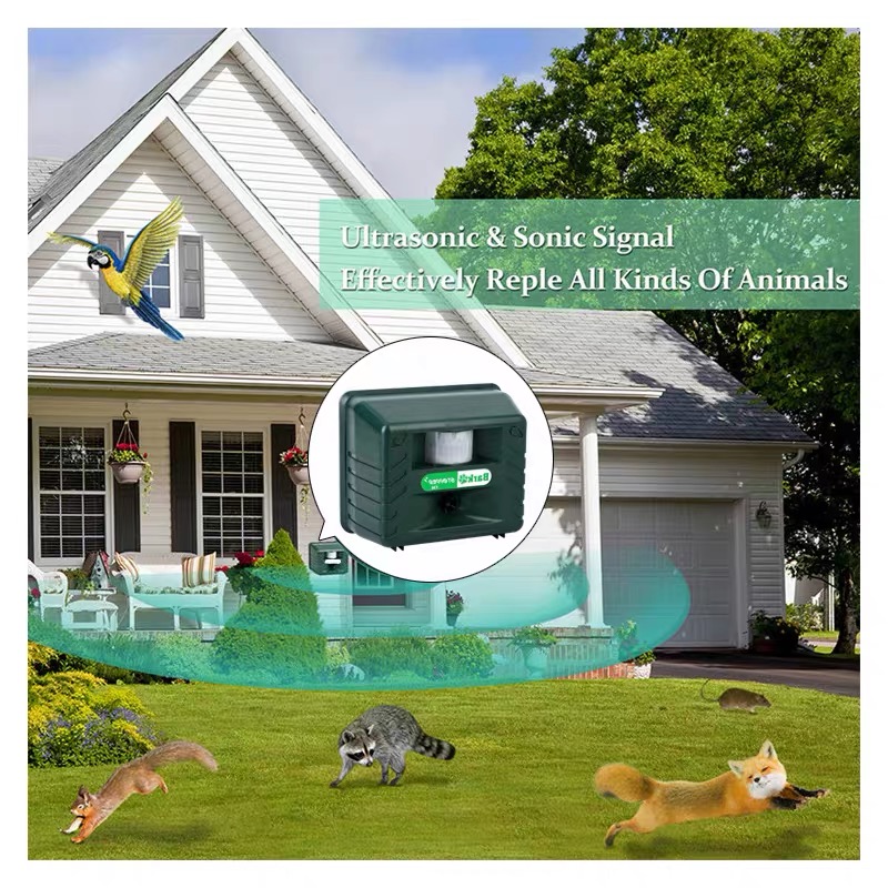 Ultrasonic and sonic animal repeller installed in a residential yard to effectively repel birds, woodpeckers, raccoons, and foxes.