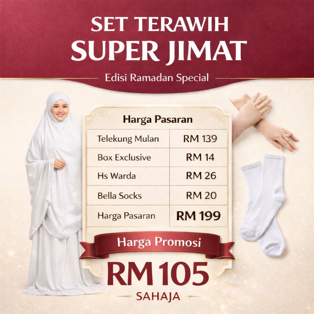 Set Terawih Super Jimat Telekung Mulan + Handsocks Warda + Stokin By Nurbella