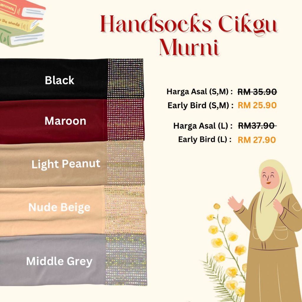 Handsocks Cikgu Murni Berbatu Mewah Cantik Bergaya Lembut Muslimah Lycra Tak Melorot Plussize Nurbella