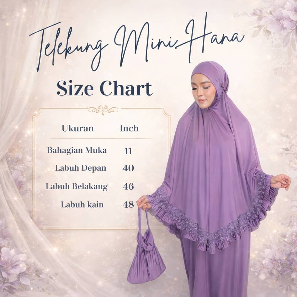 Telekung Mini Hana Muslimah Lembut Ringan Berdagu Sejuk Travel Ironless Travel Nurbella