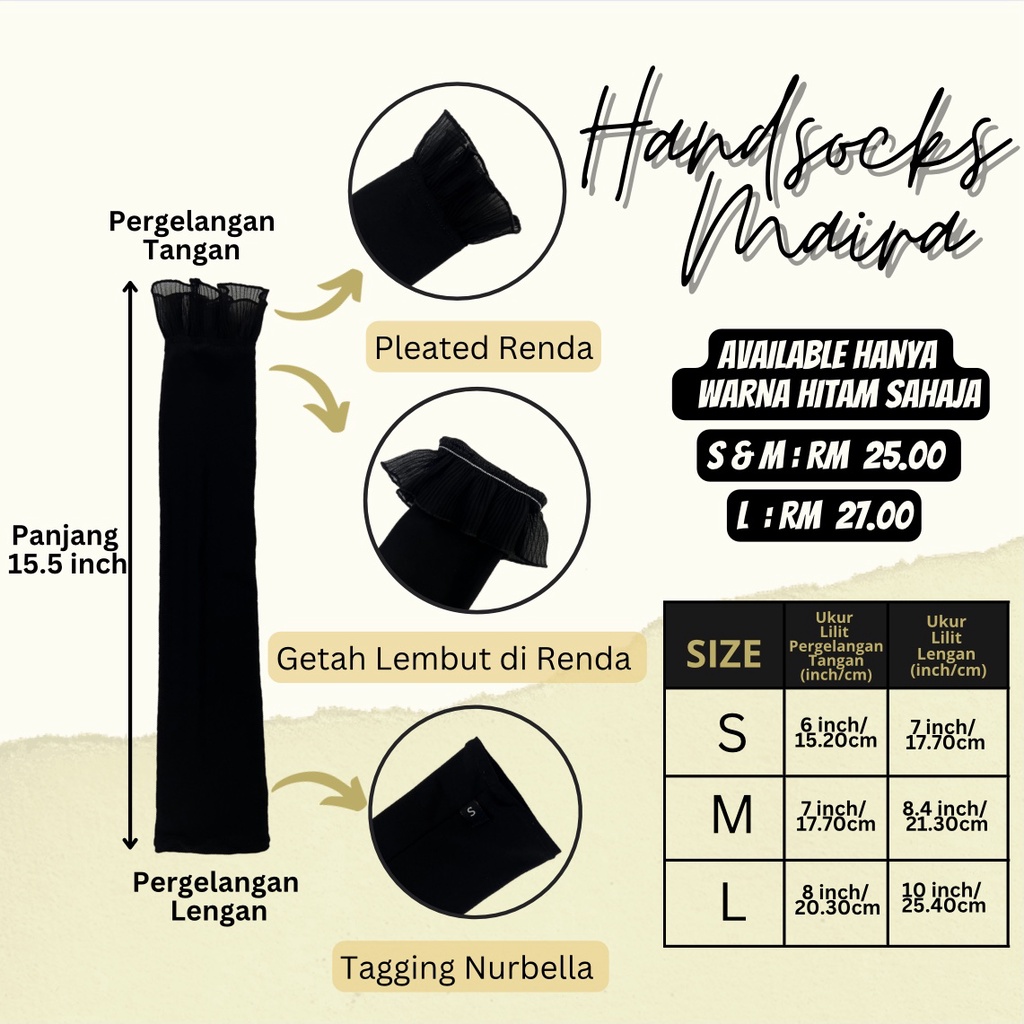 Handsock Mairaa Muslimah Handsocks Nurbella Material Lycra Sejuk Ropol Cantik Saiz S, M, L Nurbella
