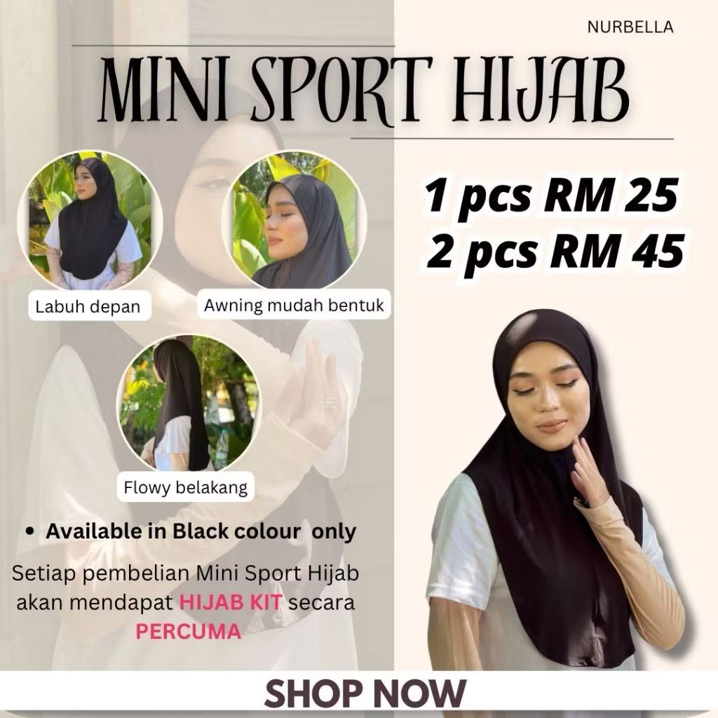 Mini Sport Hijab Muslim Black Sukan Ringan Sejuk Sarung Renang Jogging Instant Serap Peluh Nurbella