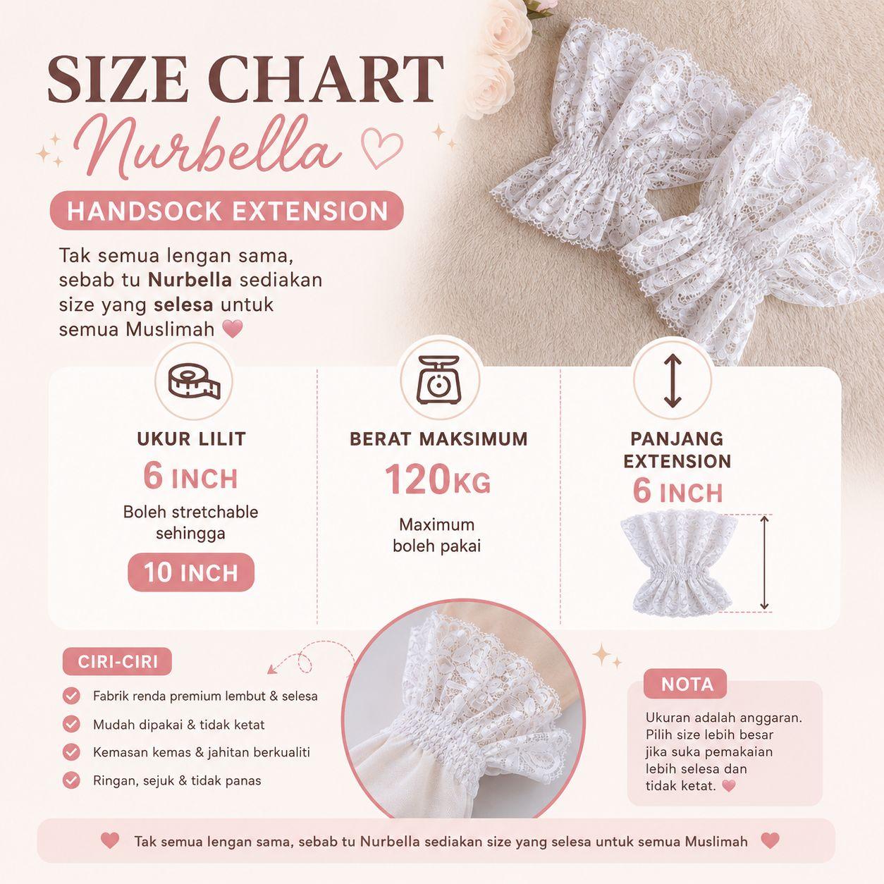 NURBELLA ROYAL LACE EXTENSION HANDSOCK LENGAN PENDEK LACE MUSLIMAH COVER HAND ELEGANT