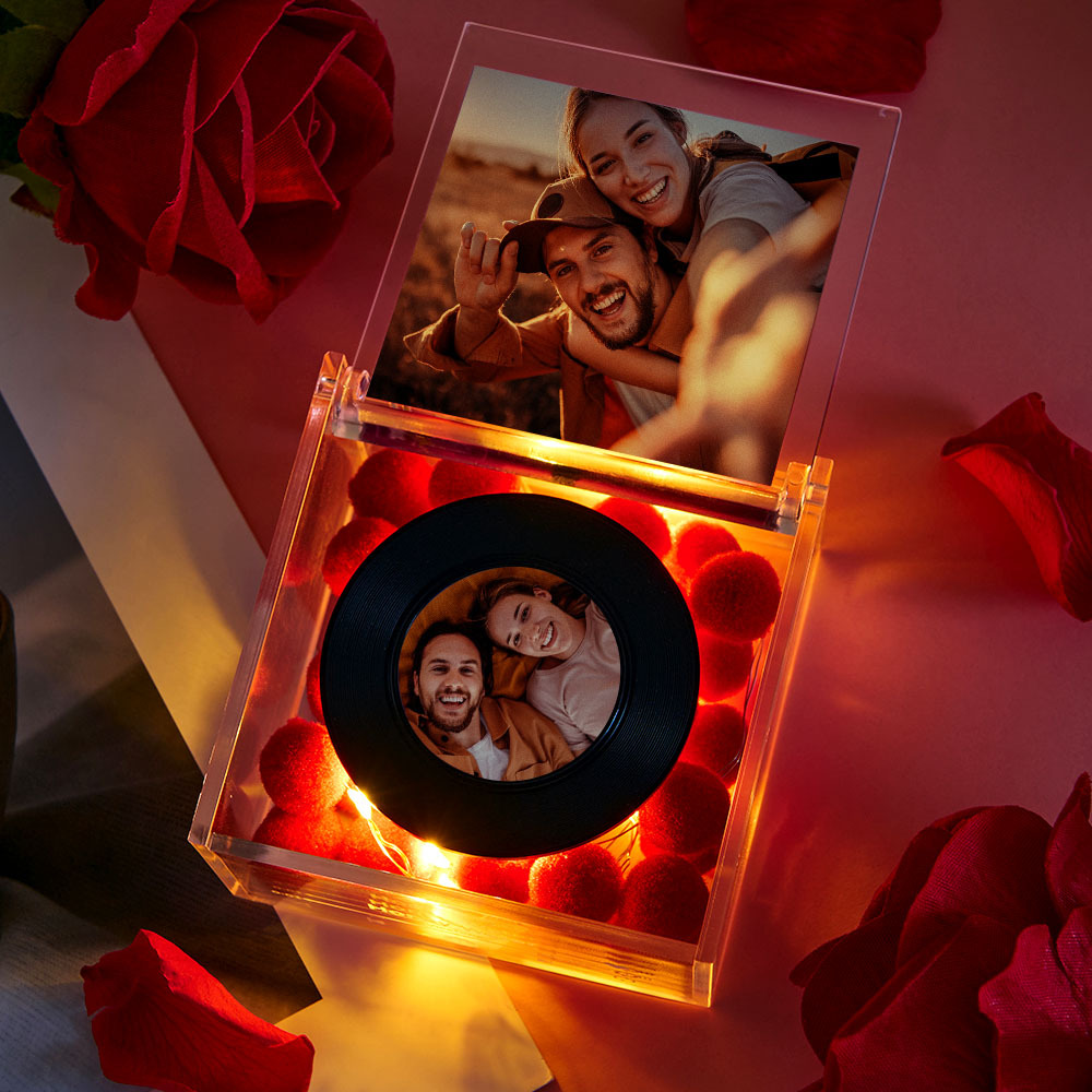 Valentijnsdag Mini Vinyl Platenspeler Met Aangepaste Foto En Licht Gepersonaliseerde Muziek Acryl Box - minebricknl