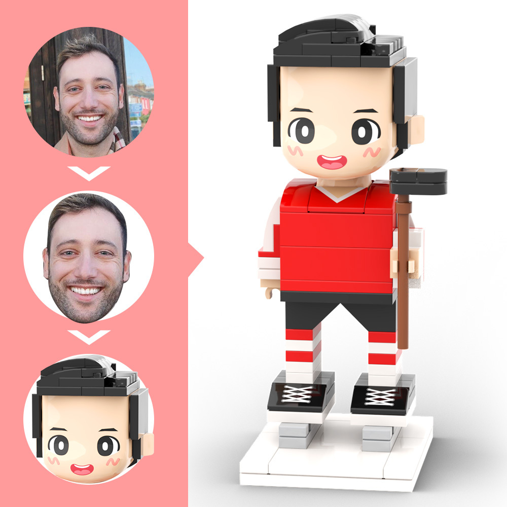 Gepersonaliseerde Bakstenen Hoofdfiguur Van Een Hockeyspeler Die Op De Grond Knielt Ter Ere Van Zijn Werk Als Cadeau - minebricknl