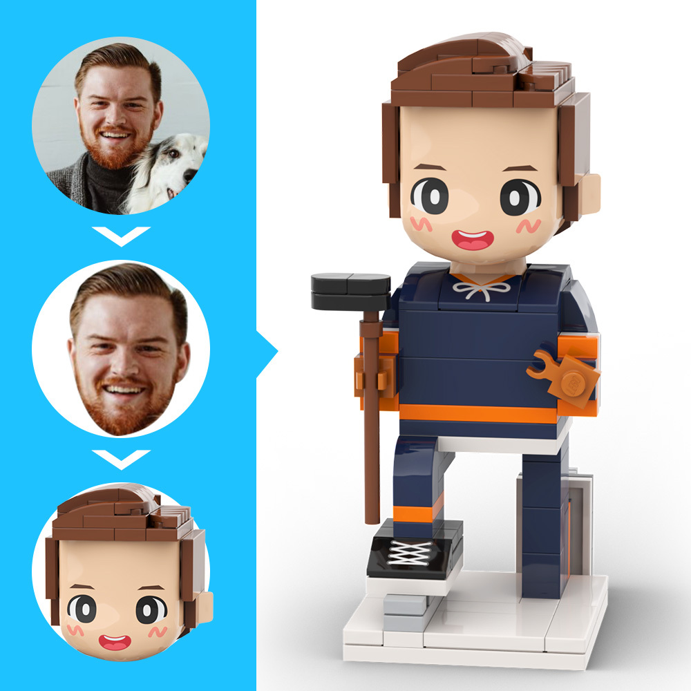 Gepersonaliseerde Bakstenen Hoofdfiguur Van Een Hockeyspeler Die Op De Grond Knielt Ter Ere Van Zijn Werk Als Cadeau - minebricknl