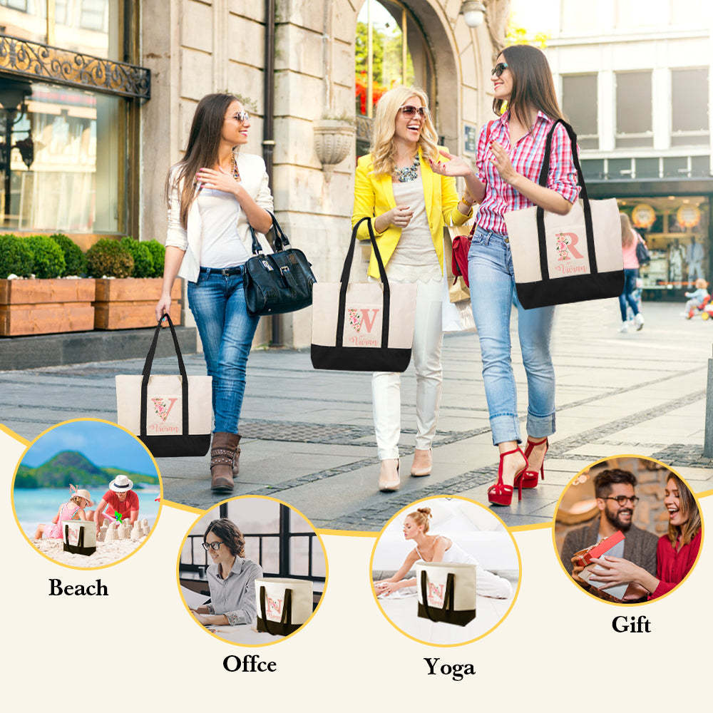 Gepersonaliseerde Canvas Tas Met Naam En Bloemen Als Cadeau Voor Vrouwen - minebricknl