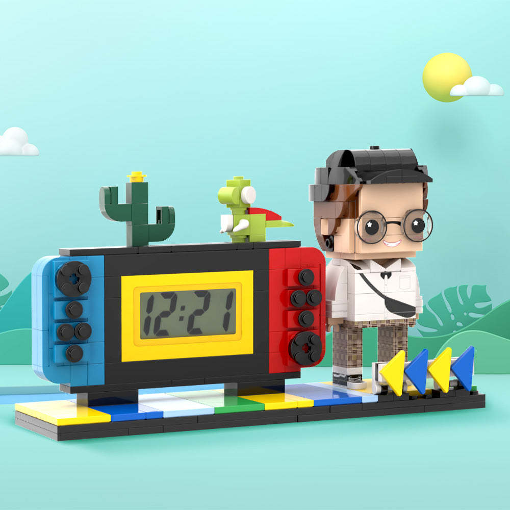 Aangepaste aangepaste bakstenen speelgoedklok,gepersonaliseerde bakstenen handheld gameconsolefiguren,klok,geschenken voor hem