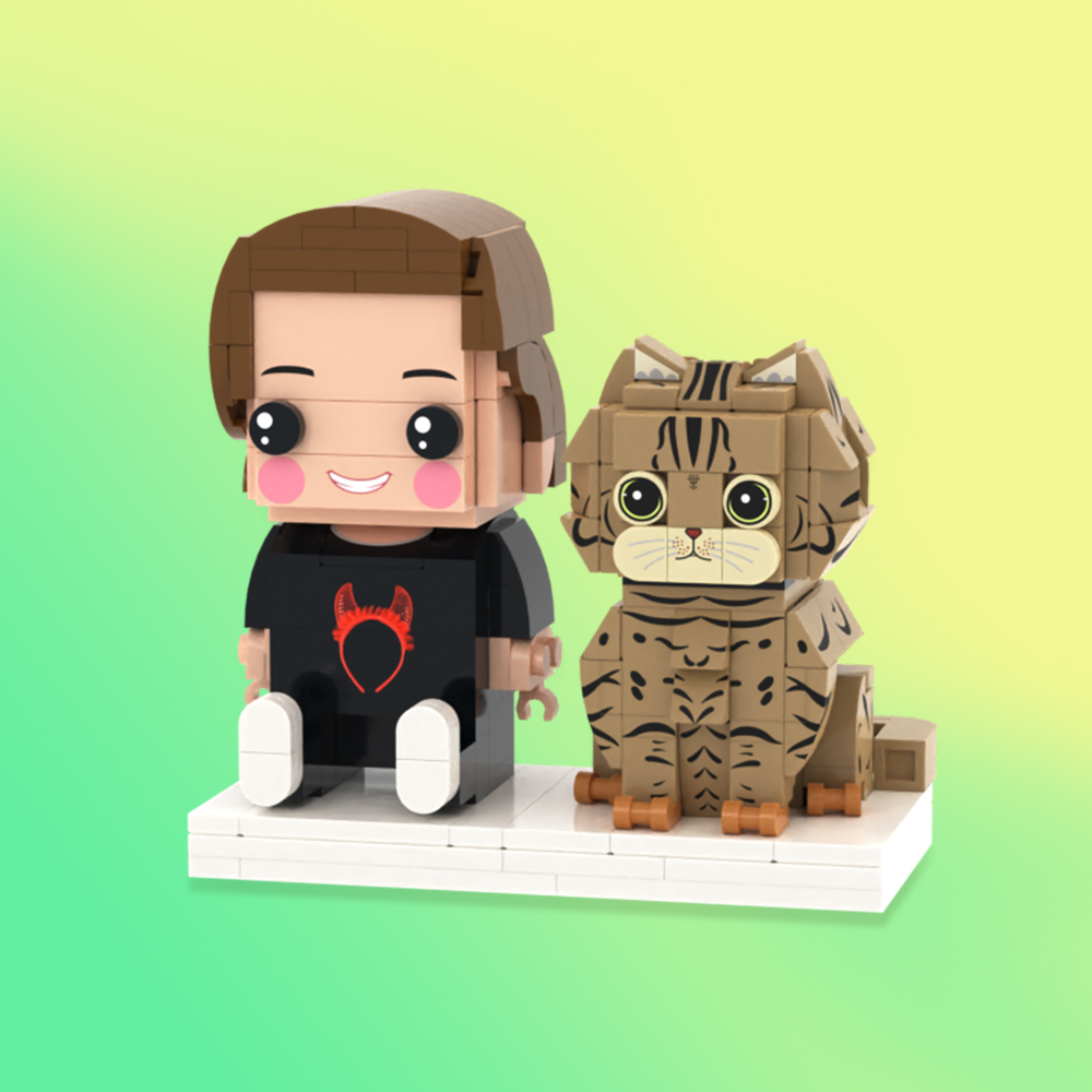 Aangepaste Volledige Lichaam 2 Personen Met Kat Bakstenen Figuren Gepersonaliseerde Zittende Bakstenen Figuren - minebricknl