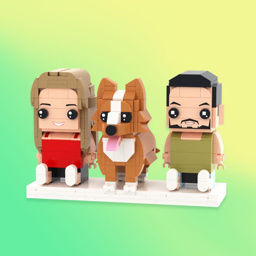 Gepersonaliseerde Volledige Lichaamsfiguren Van 2 Personen Met Hond, Aangepaste Zittende Figuren Van Baksteen - minebricknl