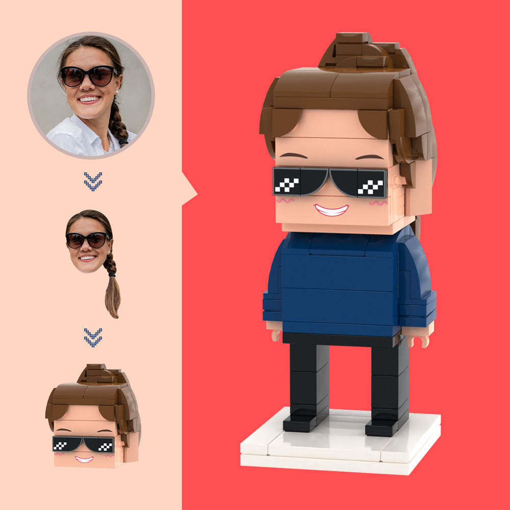 Aangepaste hoofdblauwe sweatshirtfiguren,klein deeltjesblokspeelgoed,aanpasbare baksteenkunstcadeaus