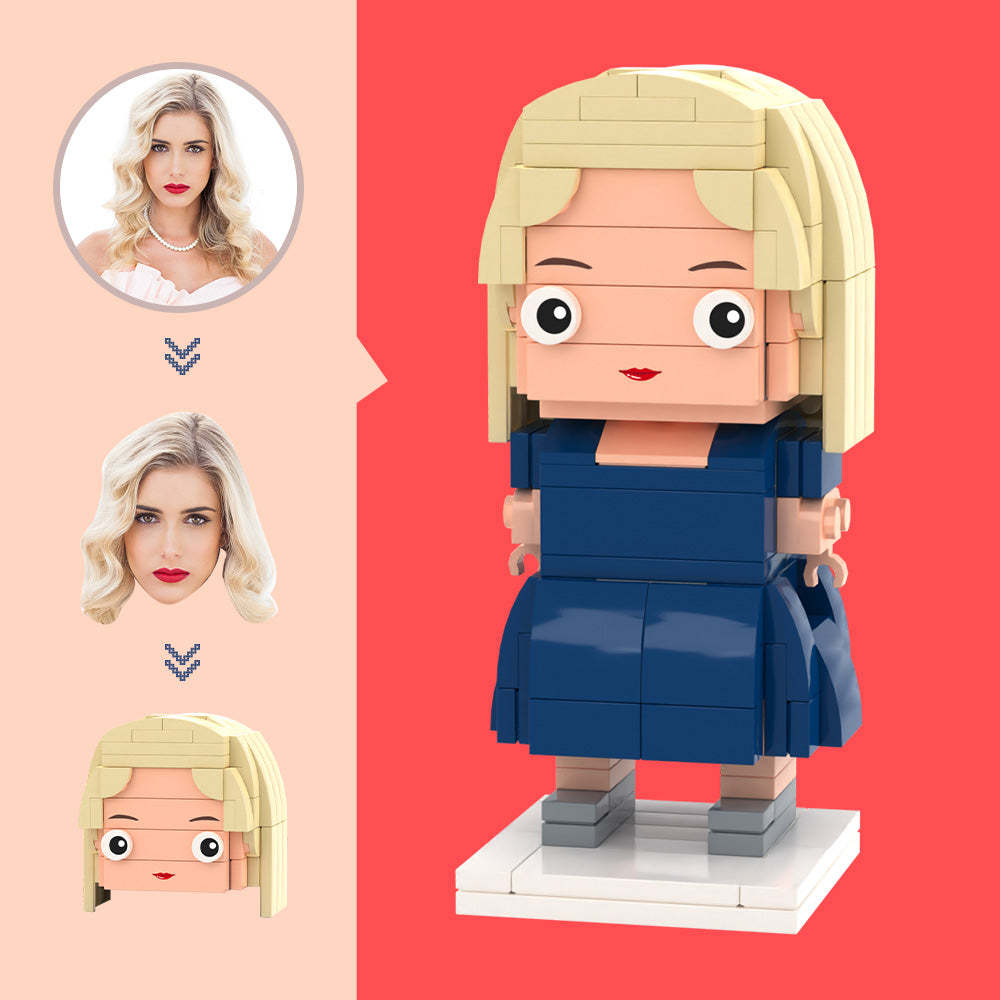 Gepersonaliseerde figuren met hoofd en blauwe rok,klein deeltjesblokspeelgoed,aanpasbare stenen kunstcadeaus
