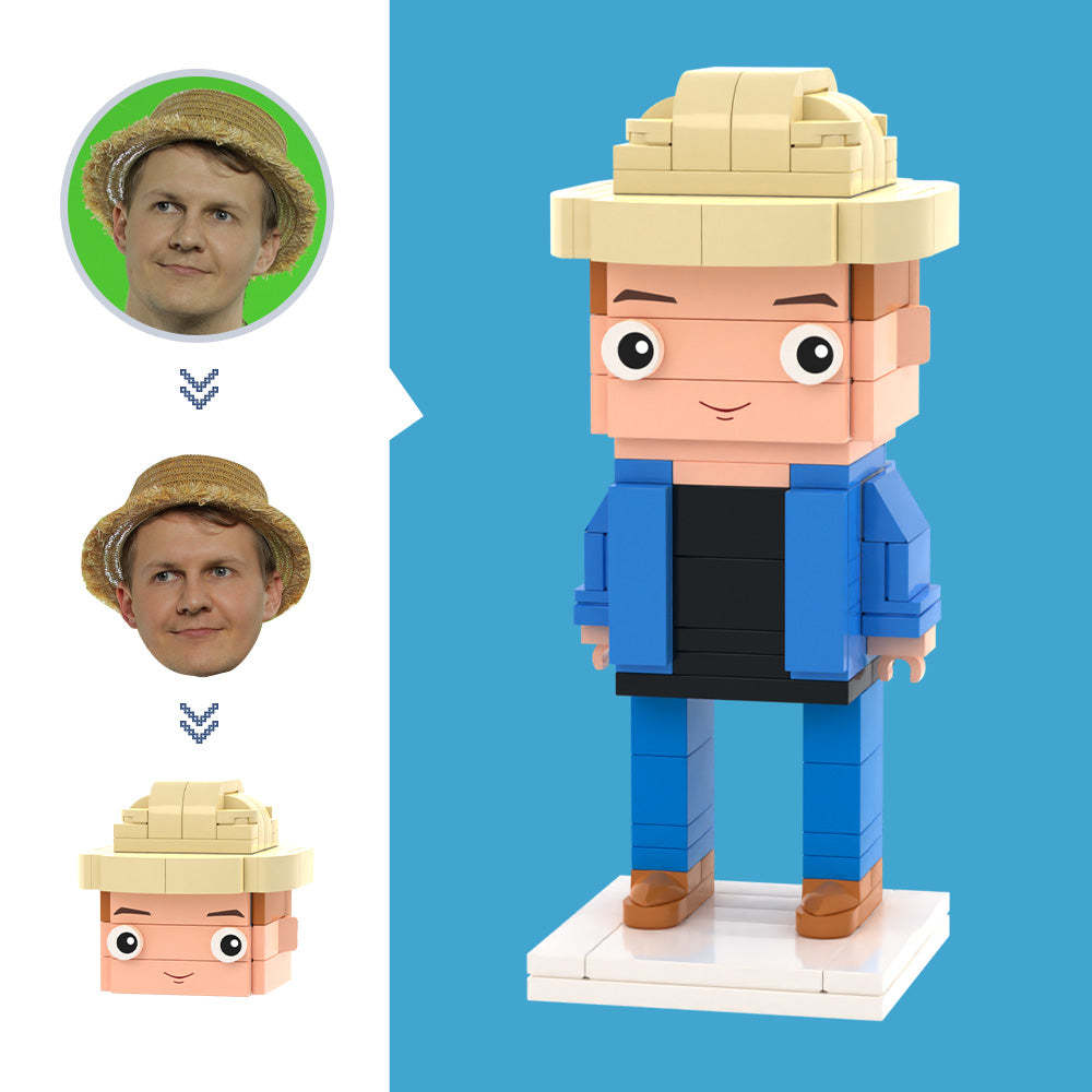 Aangepaste hoofdblauwe denimfiguren,klein deeltjesblokspeelgoed,aanpasbare baksteenkunstcadeaus