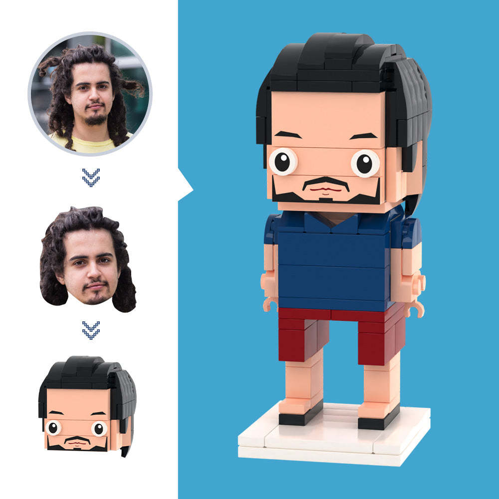 Op maat gemaakt hoofd,blauw T-shirt,rode broek,figuren,klein deeltjesblokspeelgoed,aanpasbare stenen kunstcadeaus