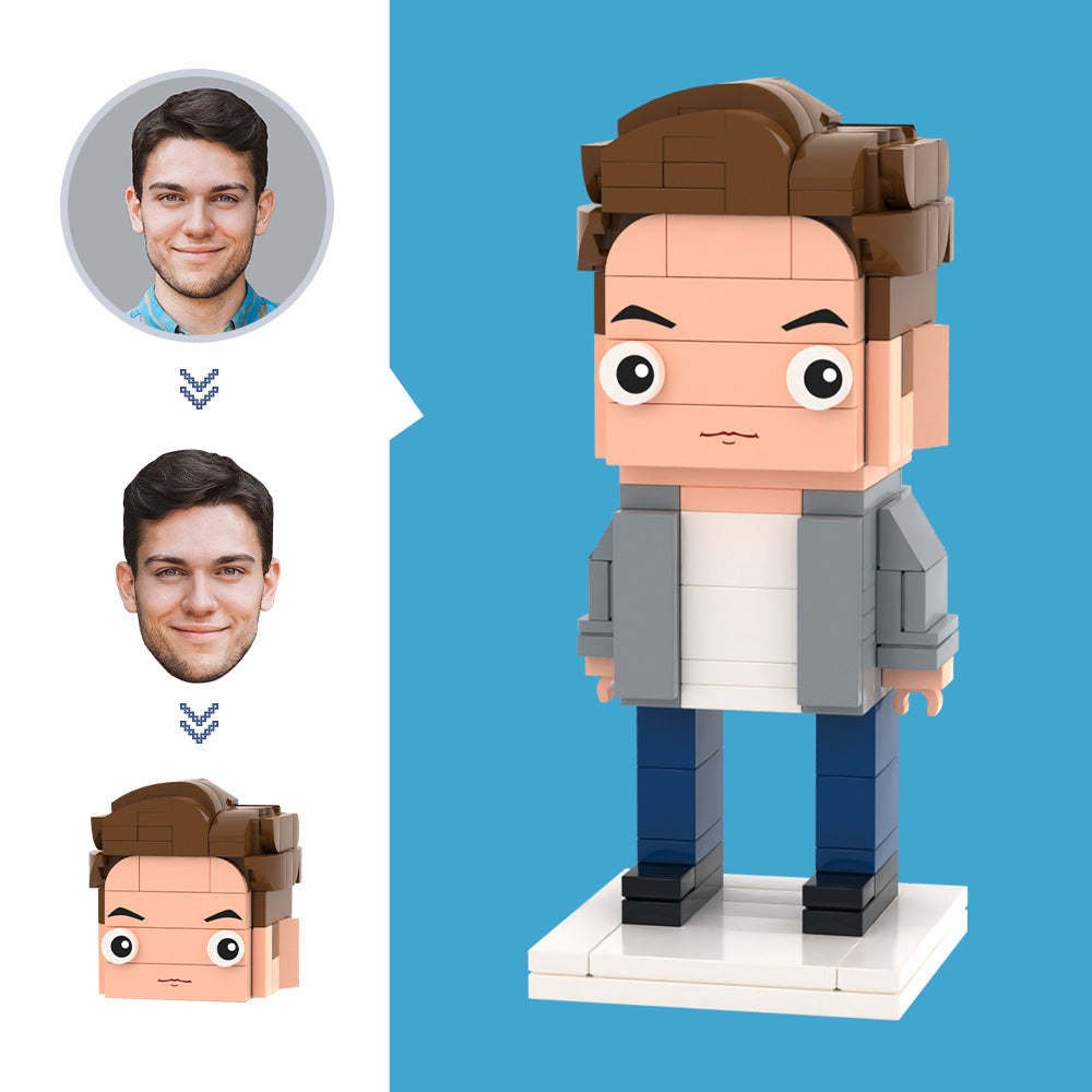 Aangepaste hoofd casual grijze jas figuren kleine deeltjes blok speelgoed aanpasbare baksteen kunst geschenken