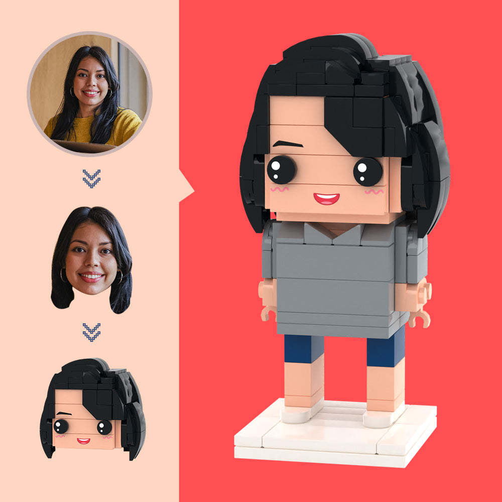 Op maat gemaakte hoofdgrijze T-shirtfiguren,klein deeltjesblokspeelgoed,aanpasbare baksteenkunstcadeaus