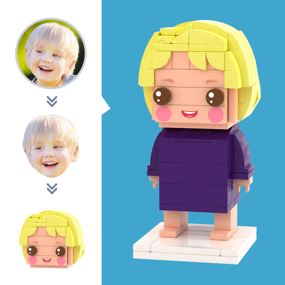 Aangepaste hoofdfiguren voor kinderen in paarse kleding,klein deeltjesblokspeelgoed,aanpasbare baksteenkunstcadeaus