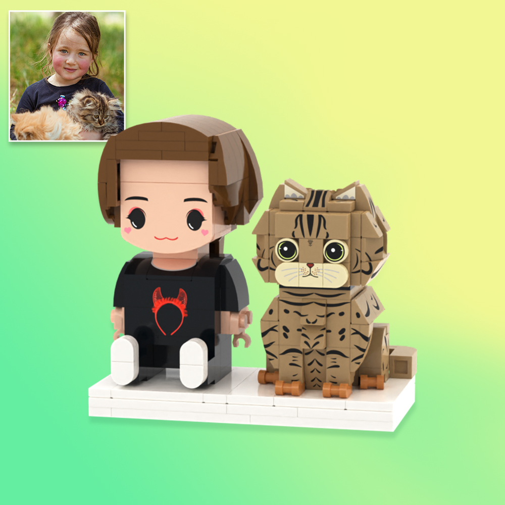 Aangepaste Volledige Lichaam 2 Personen Met Kat Bakstenen Figuren Gepersonaliseerde Zittende Bakstenen Figuren - minebricknl