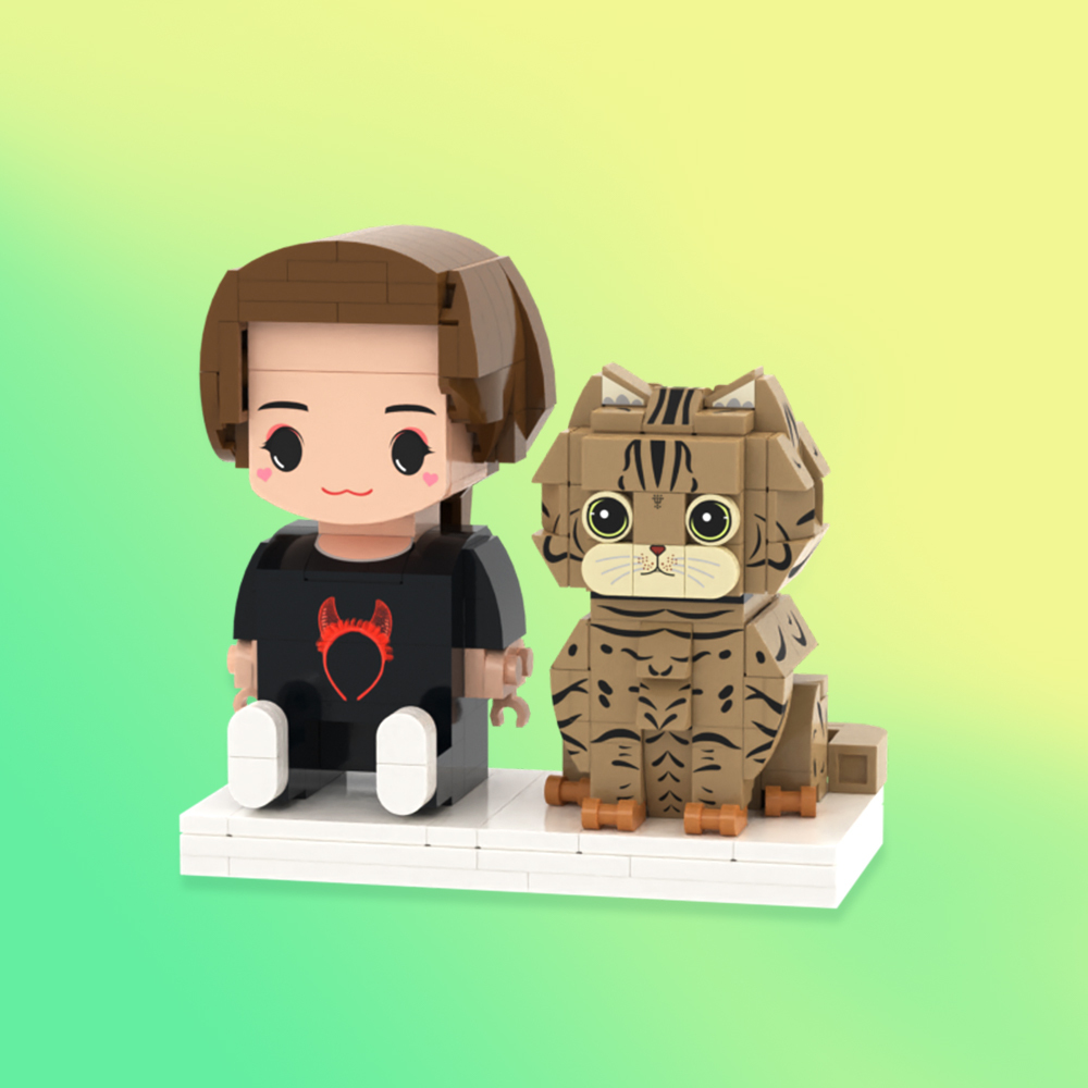 Aangepaste Volledige Lichaam 2 Personen Met Kat Bakstenen Figuren Gepersonaliseerde Zittende Bakstenen Figuren - minebricknl