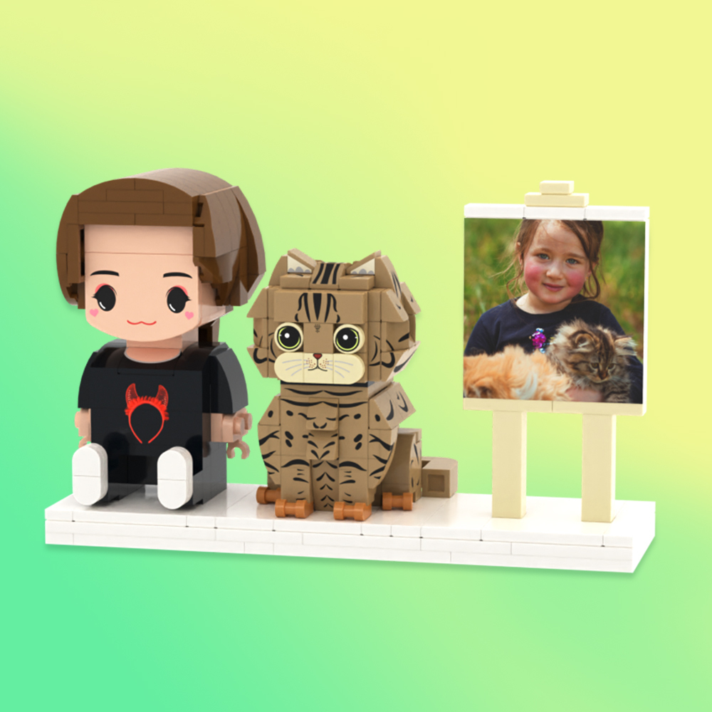 Aangepaste Volledige Lichaam 2 Personen Met Kat Bakstenen Figuren Gepersonaliseerde Zittende Bakstenen Figuren - minebricknl