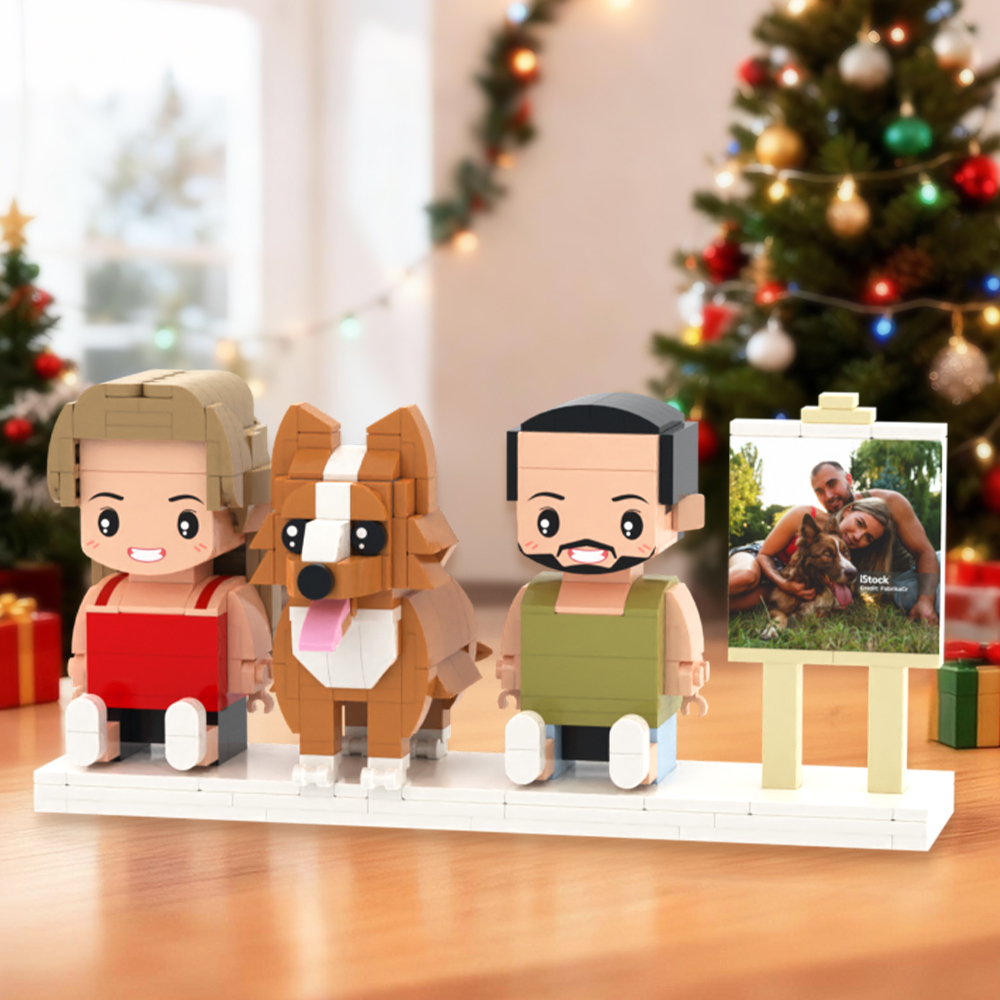 Gepersonaliseerde Volledige Lichaamsfiguren Van 2 Personen Met Hond, Aangepaste Zittende Figuren Van Baksteen - minebricknl