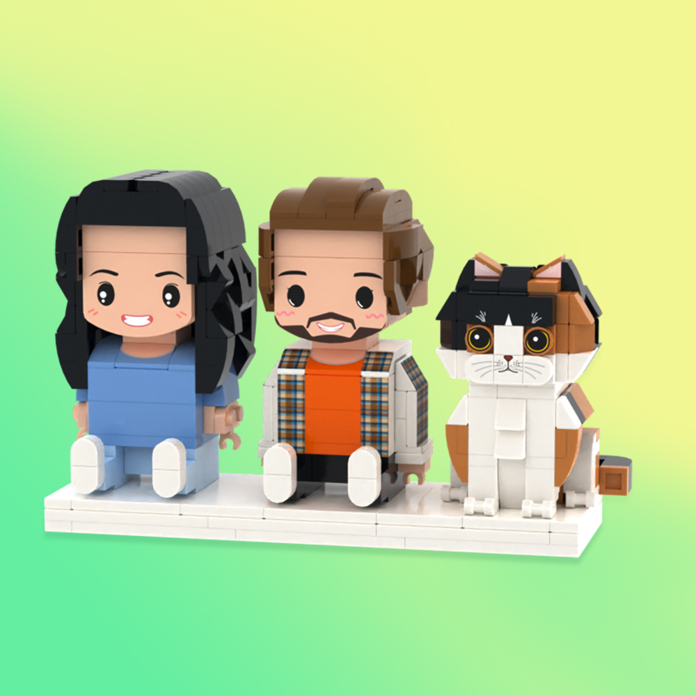 Aangepaste Volledige Lichaam 2 Personen Met Kat Bakstenen Figuren Gepersonaliseerde Zittende Bakstenen Figuren - minebricknl