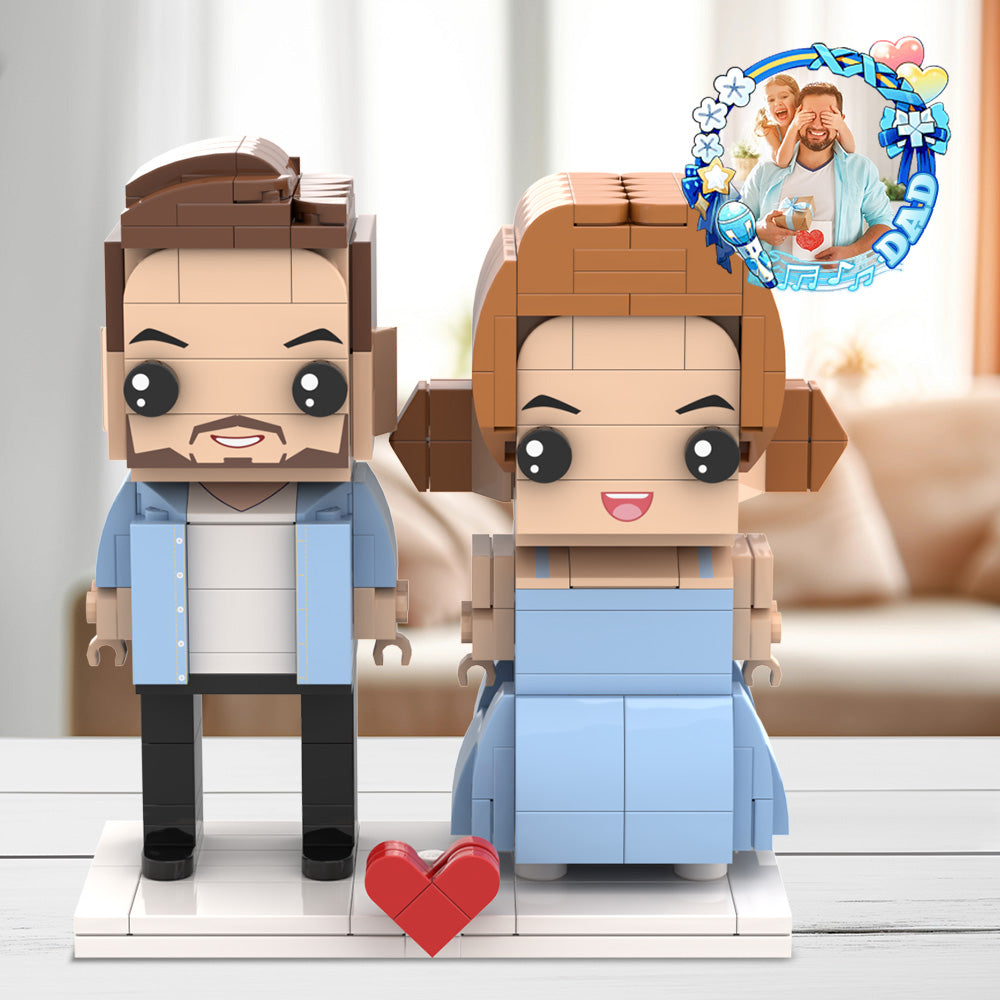 Gepersonaliseerde Full Body Aanpasbare Vaderdag Aangepaste Cadeau Baksteenfiguren Vader En Dochter In Blauwe Jurk Cadeau 2 Personen Aangepaste Baksteenfiguren Voor Papa Op Vaderdag