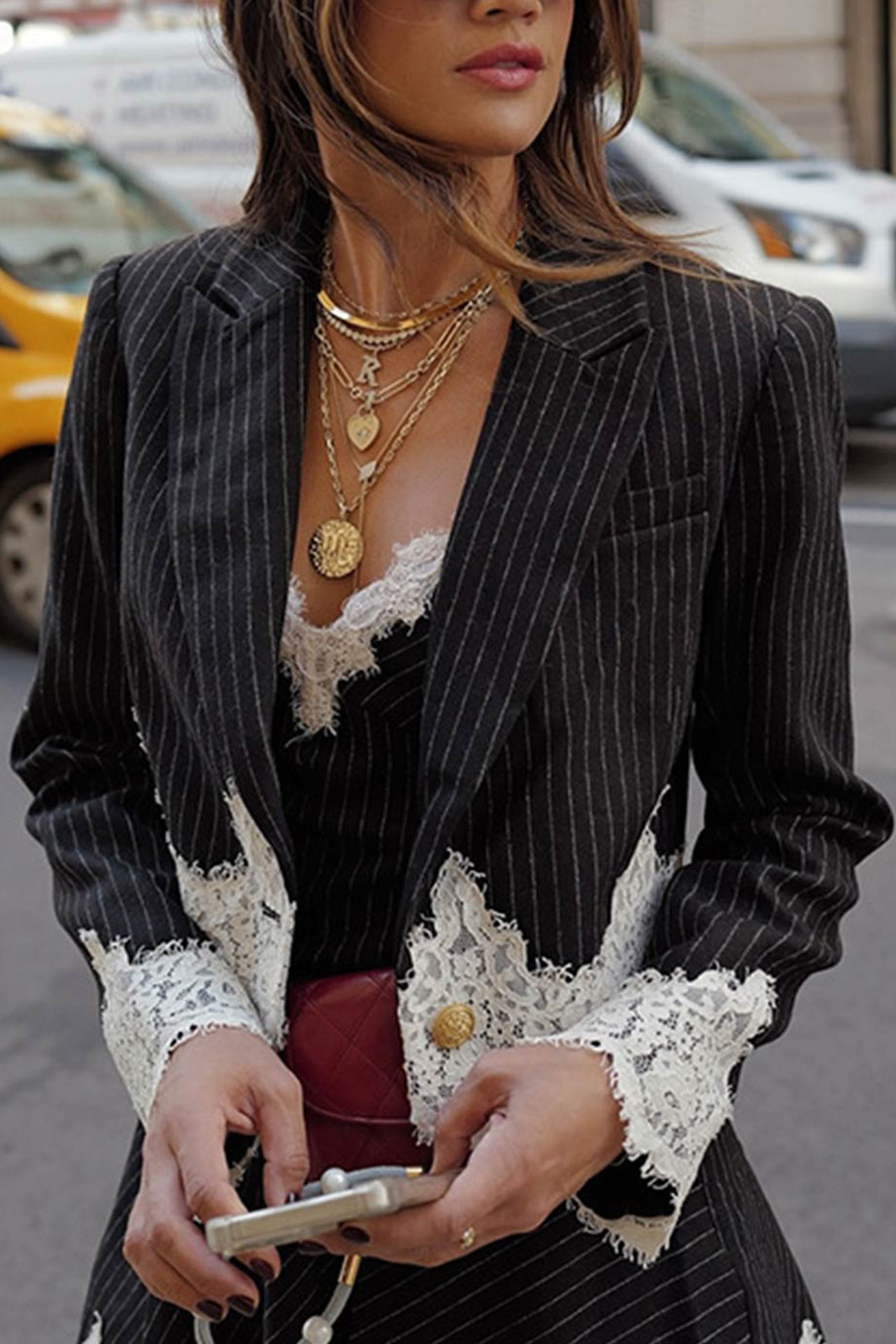 Lace Patchwork Striped Cami Dress Blazer Two-piece Outfits
