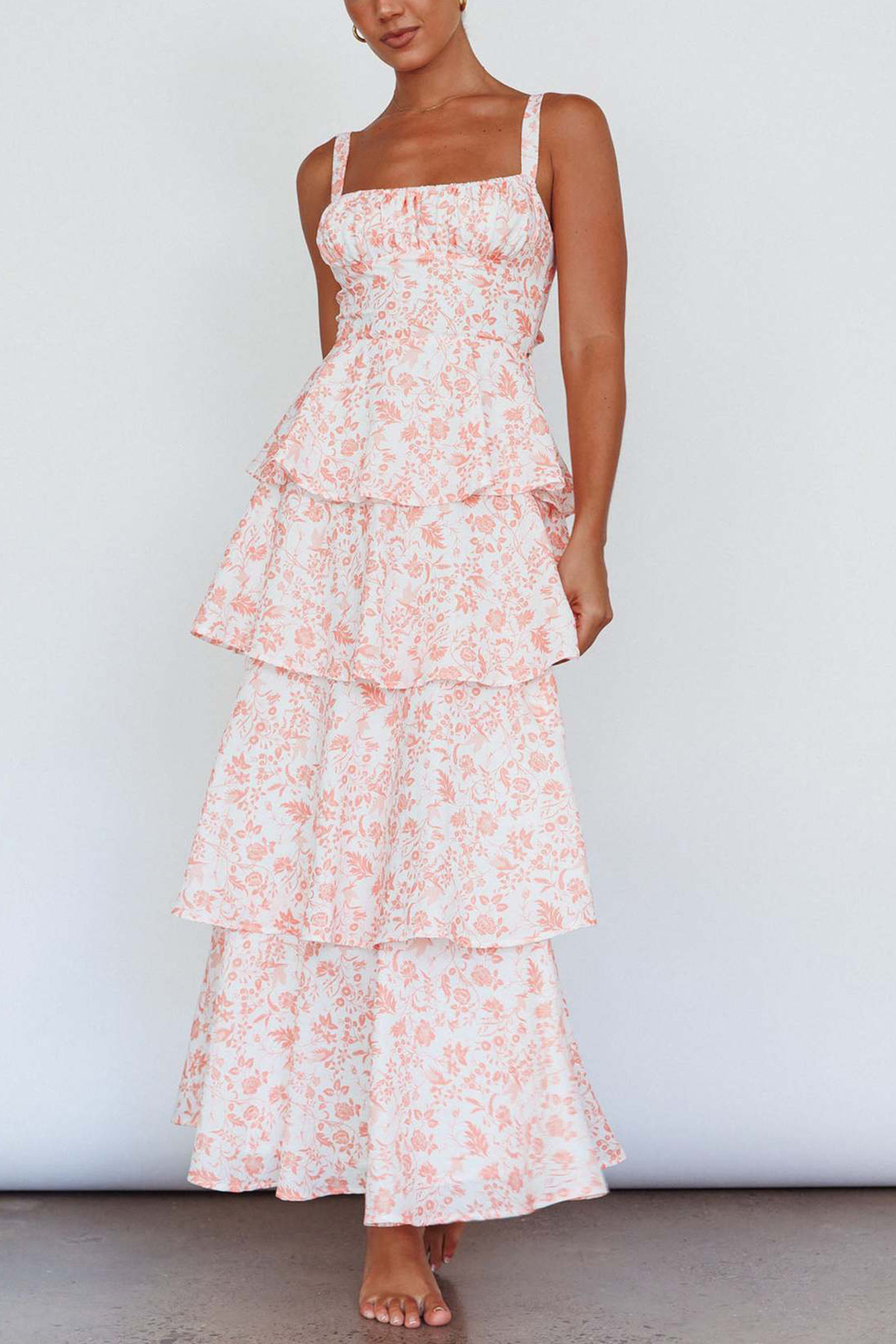 Floral Print Tie-up Tiered Midi Dress