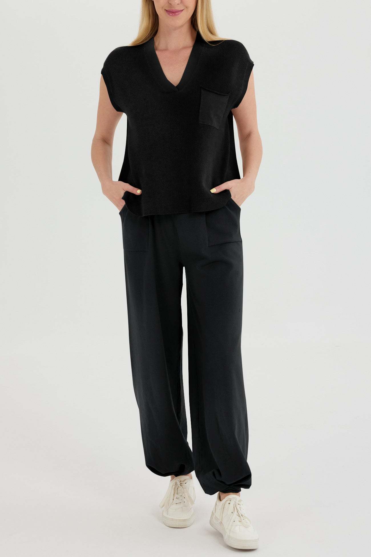 V Neck Knit Tank Top Sweatpants Suits