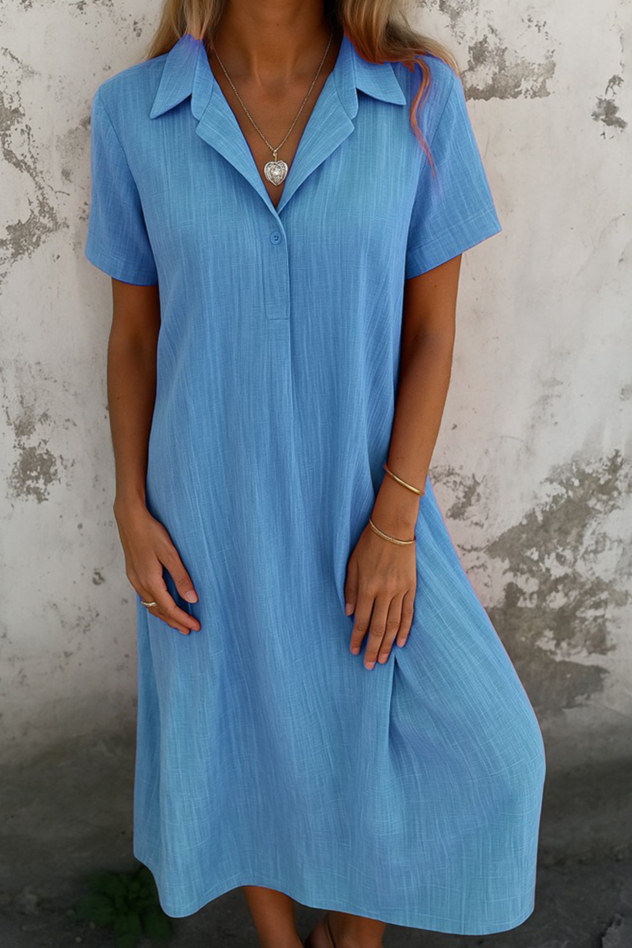 V-Neck Solid Color Short-Sleeve Shirt Dress
