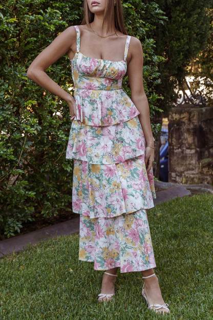 Floral Print Tie-up Tiered Midi Dress