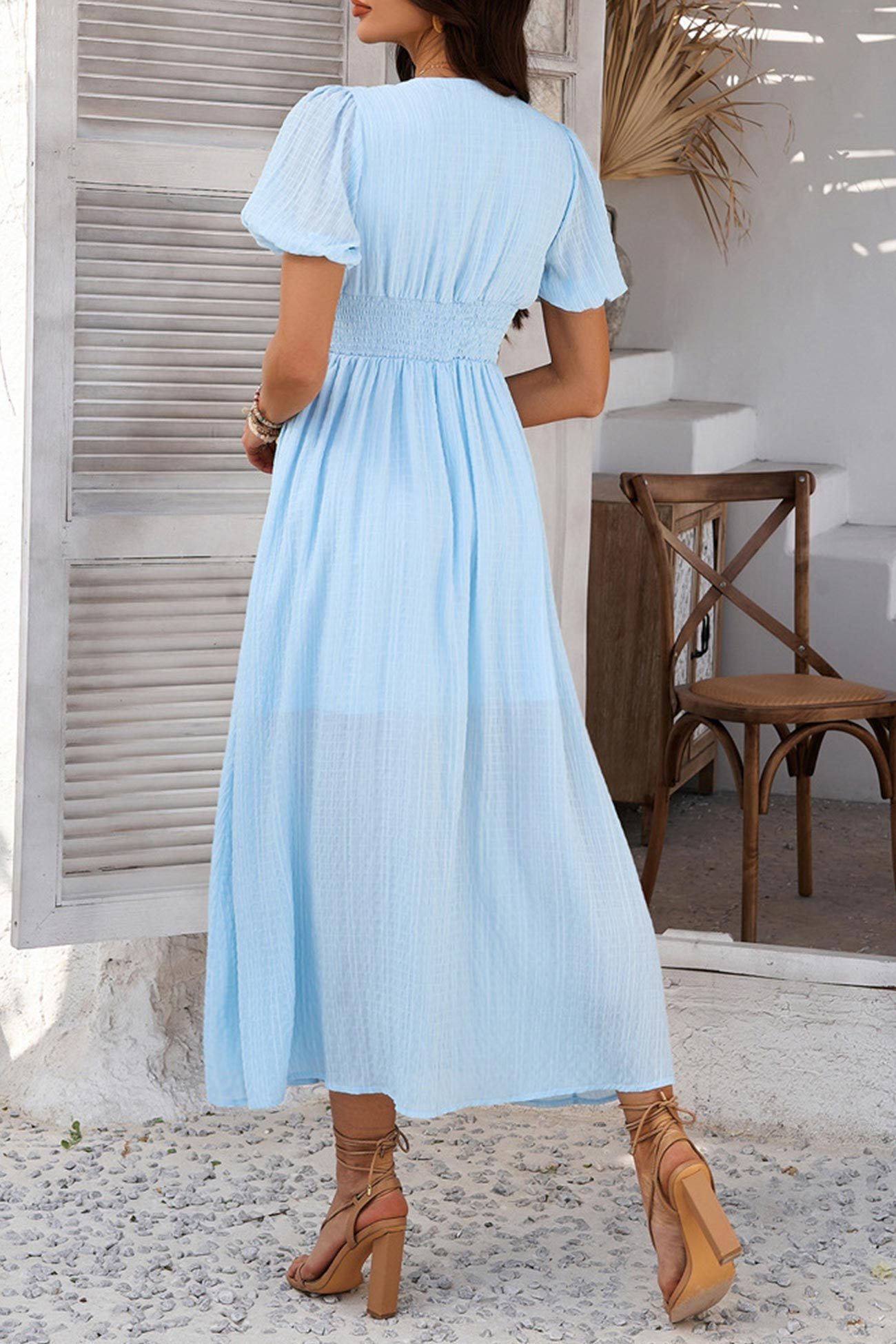 Puff Sleeve Single Breasted Slit Dress