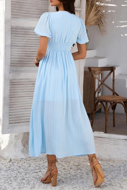 Puff Sleeve Single Breasted Slit Dress