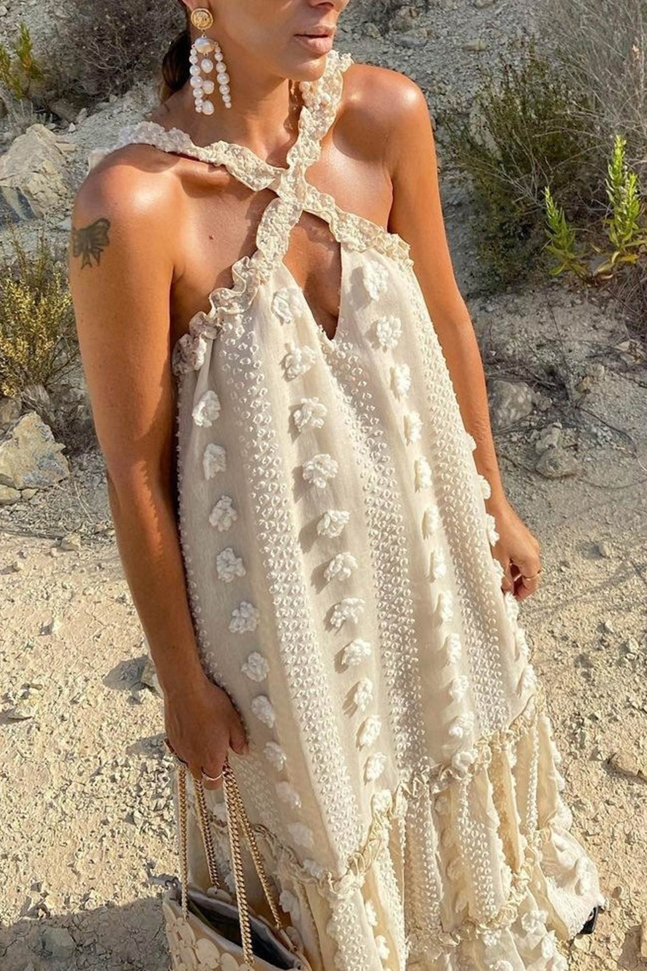3D Floral Criss-cross Halterneck Maxi Dress