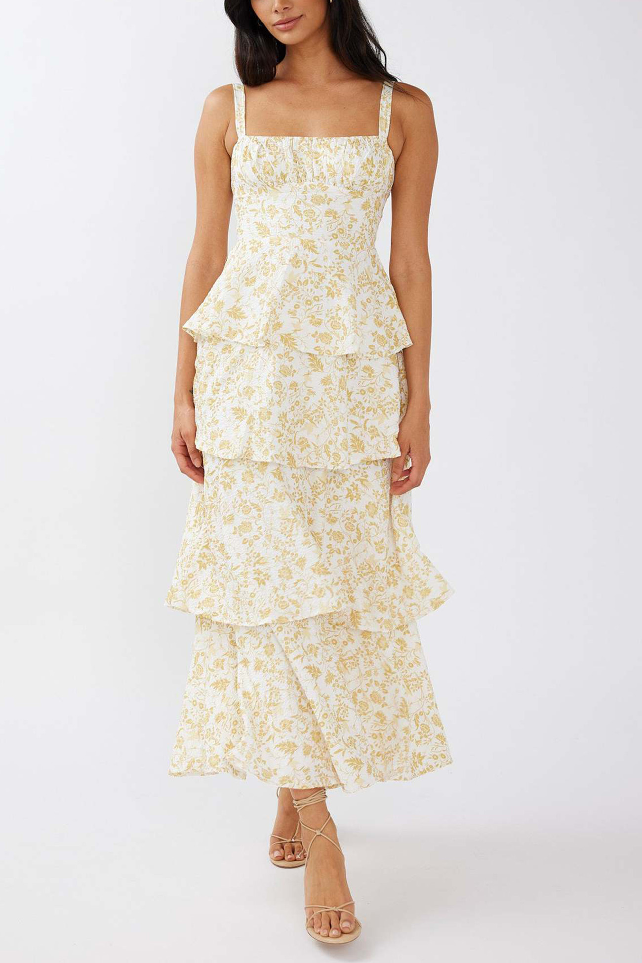Floral Print Tie-up Tiered Midi Dress