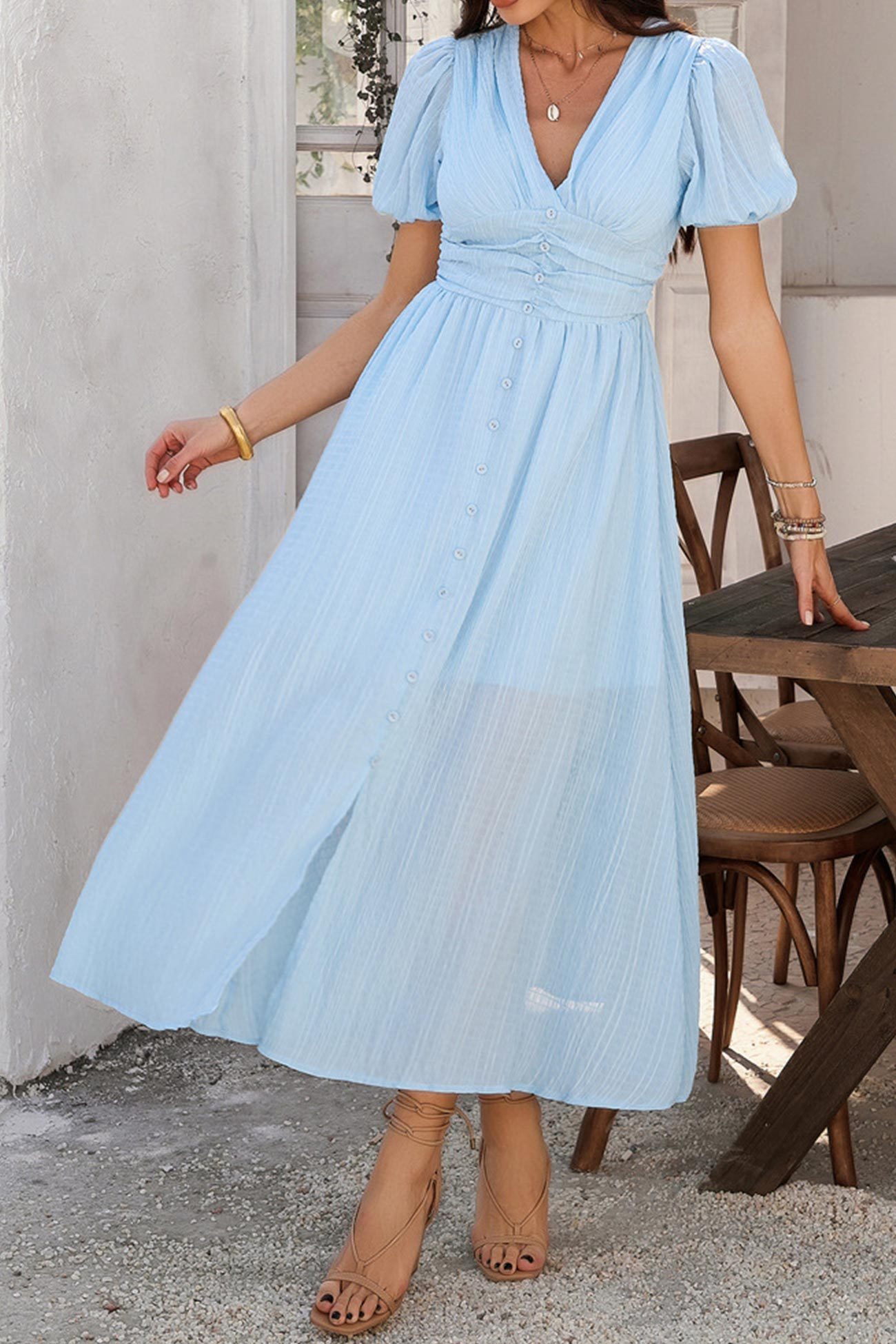 Puff Sleeve Single Breasted Slit Dress