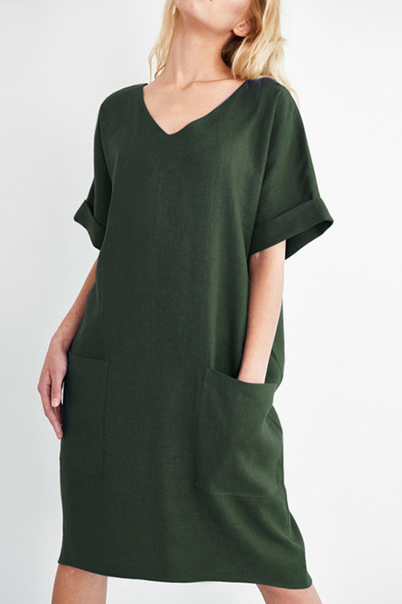 V-Neck Short Sleeve Pocketed Cotton Dress